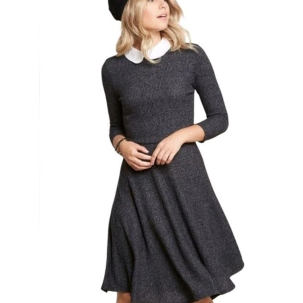 Modcloth Dress Small Bib Collar Twee Ribbed Knit Rockabilly Pin Up French